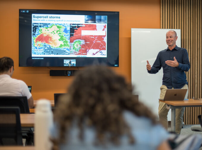 Paul Markowski, head of the department of meteorology and atmospheric science at Penn State, presents tornado research at the Penn State-hosted workshop titled "Improving the Prediction and Communication of Weather/Climate Extremes in Africa and the United States." Credit: David Kubarek / Penn State. Creative Commons