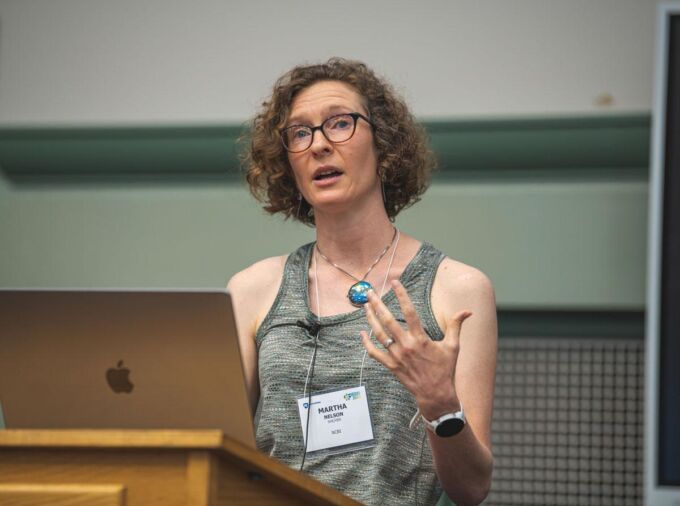 Penn State alumna and NIH scientist Martha Nelson gave a presentation about transmission of the SARS-CoV-2 virus among deer and humans at the 2023 Ecology and Evolution of Infectious Disease conference held at Penn State in May. Credit: Michelle Bixby / Penn State. Creative Commons