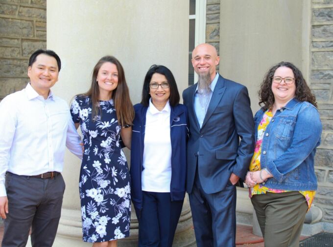 From left, Yu Tai Chung, recipient of the Staff Leadership Award; Alexandria Kinder, recipient of the Staff Morale Award; Penn State President Neeli Bendapudi; Matt Jones, recipient of the Staff Excellence Award; and Terra Ingram, USAC chair. Credit: Penn State. Creative Commons
