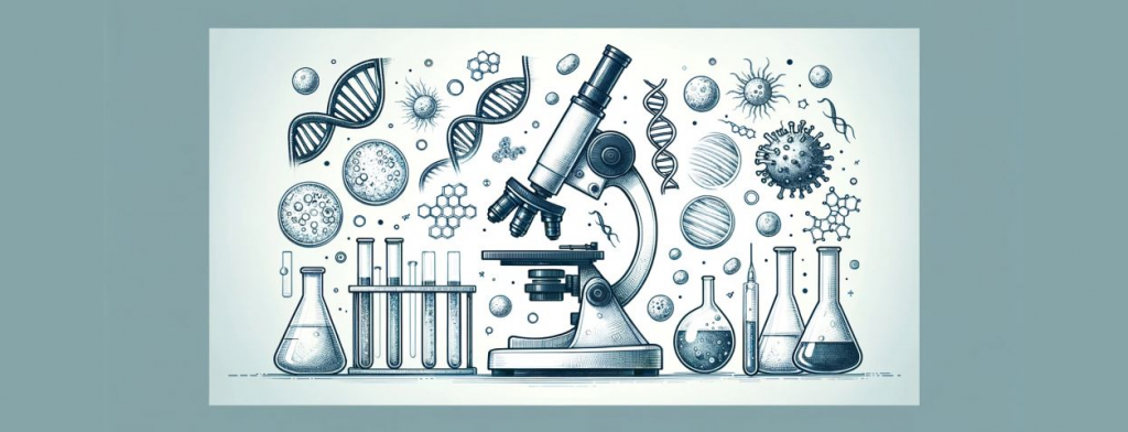 drawing including DNA, microbe, and a microscope