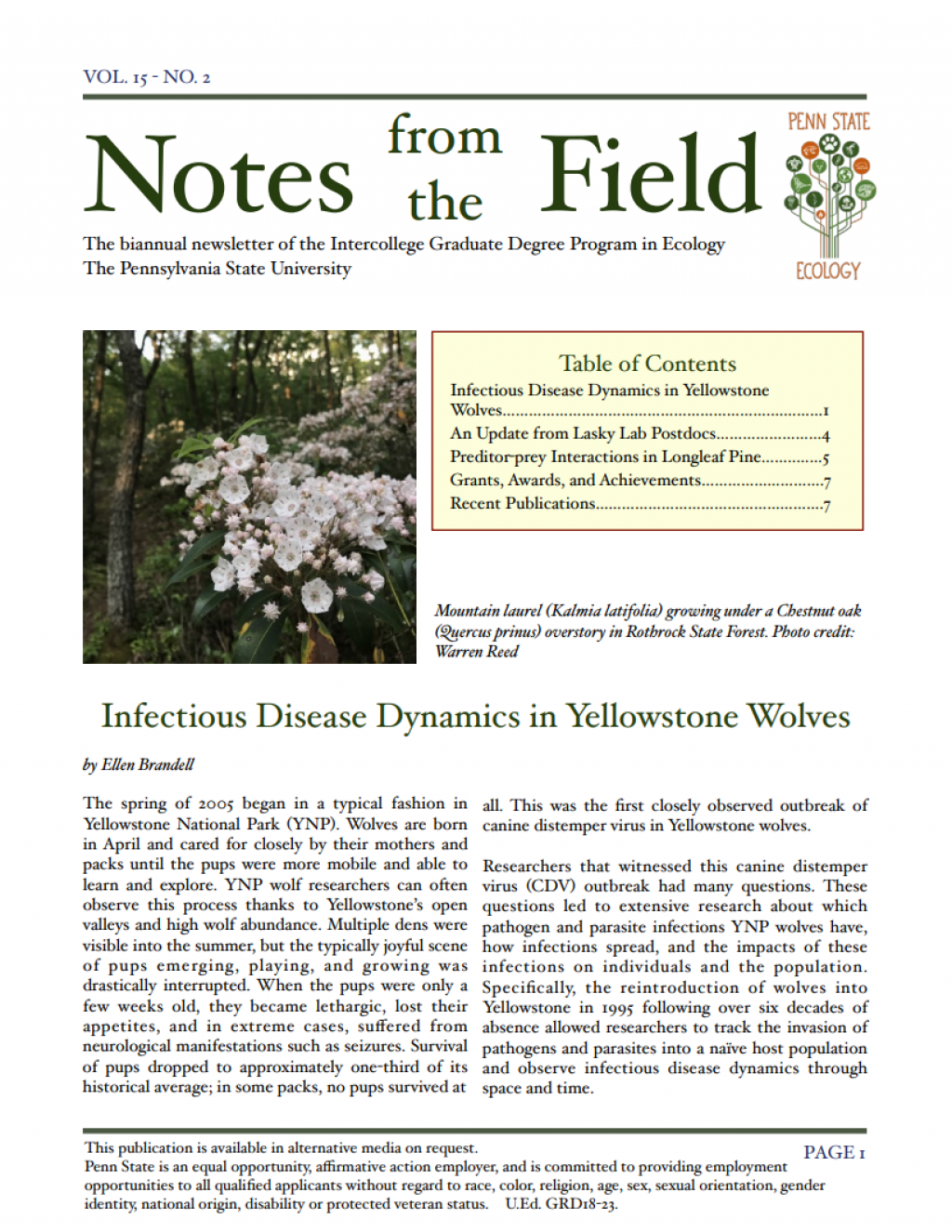 Ecology newsletter front page