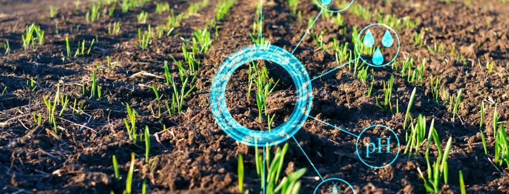 Banner image - green shoots or crops growing in a field, overlaid with a diagram indicating diagnostic information such as soil pH and humidity