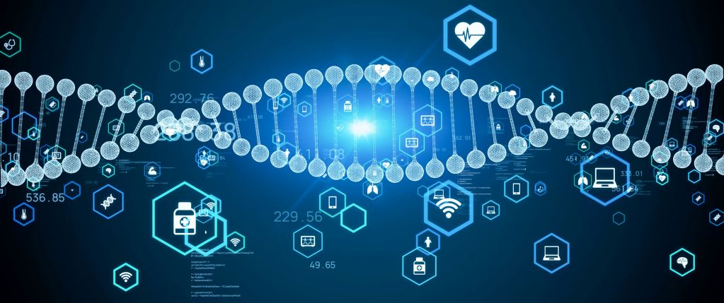 A double helix laid horizontally, surrounded by floating hexagons containing medical and scientific icons such as a heart, a thermometer, a laptop, and a Wi-Fi symbol