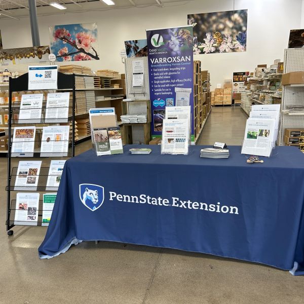 Penn State Extension beekeeping resources are featured on a dedicated table at Mann Lake’s Wilkes-Barre, Pennsylvania, location as part of a recent business collaboration with the leading beekeeping equipment supplier. Credit: Provided by Robyn Underwood. All Rights Reserved.