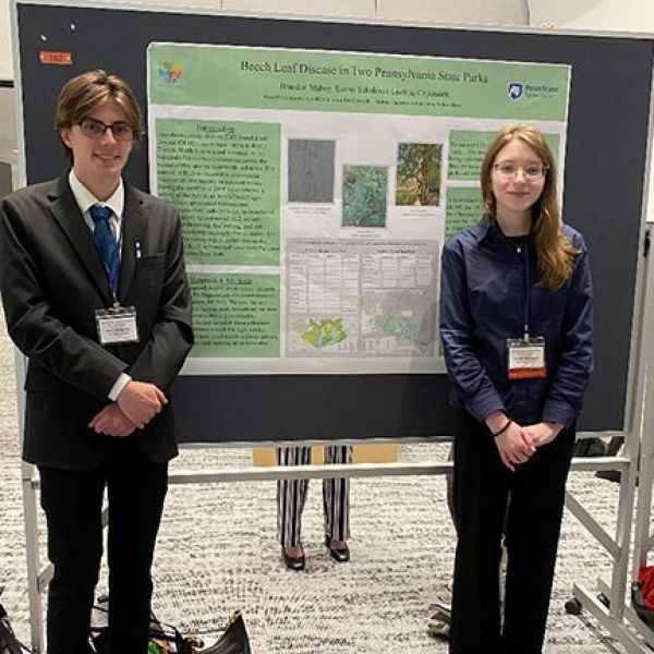 Brandon Mabey, a first-year student at Penn State Scranton, and Emma Sokaloski, a second-year student at Penn State Wilkes-Barre, worked with Luciana Caporaletti, lecturer in biology at Penn State Wilkes-Barre, on a research project presented at the Pennsylvania Academy of Science's annual meeting. Credit: Penn State. Creative Commons