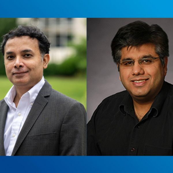 Penn State College of Engineering professors Swaroop Ghosh, left, and Vishal Monga, right, pose for separate headshots. Credit: College of Engineering/Penn State. All Rights Reserved.