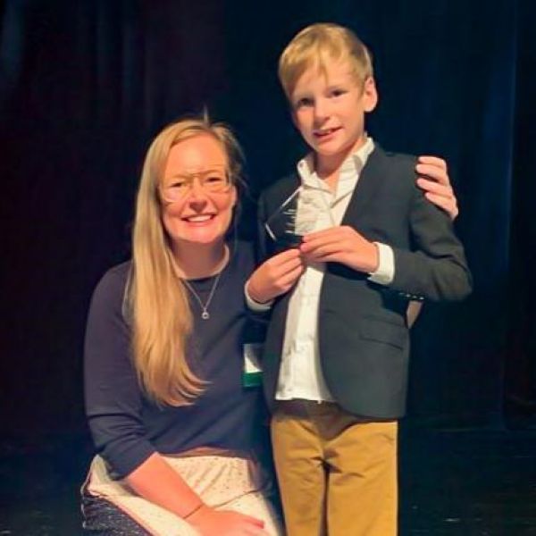 Nikki Crowley, Dorothy Foehr Huck and J. Lloyd Huck Early Career Chair in Neurobiology and Neural Engineering and assistant professor of biology and of biomedical engineering, with her son after receiving the Women to Watch: Class of 2023 award as part of the Whitaker Center for Science and the Arts’ Women in STEAM Awards. Credit: Nikki Crowley. All Rights Reserved.