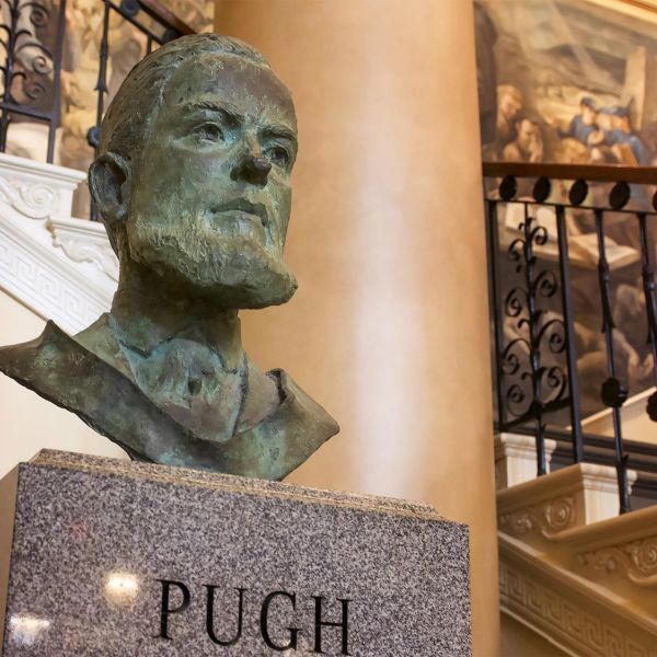 A bust of Penn State's first president Evan Pugh located in the main lobby of Old Main. Credit: Patrick Mansell / Penn State. Creative Commons