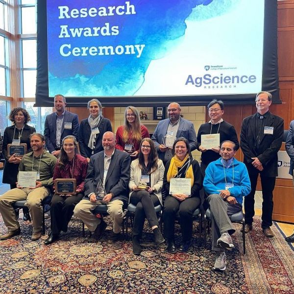 Attending the 2023 Research Awards Ceremony hosted by Penn State’s College of Agricultural Sciences were, seated from left, Michael Skvarla, Kristina Brant, Timothy Lulis, Jasna Kovac, Margarita López-Uribe and Sridhar Komarneni. Standing: Tong Qiu, Parisa Kalantari, Andrew Patterson, Claudia Schmidt, Stephanie Bierly, Francesco Di Gioia, Zhang Tian, Jonathan Lynch and Suat Irmak. Credit: Kaiyi Chan / Penn State. Creative Commons