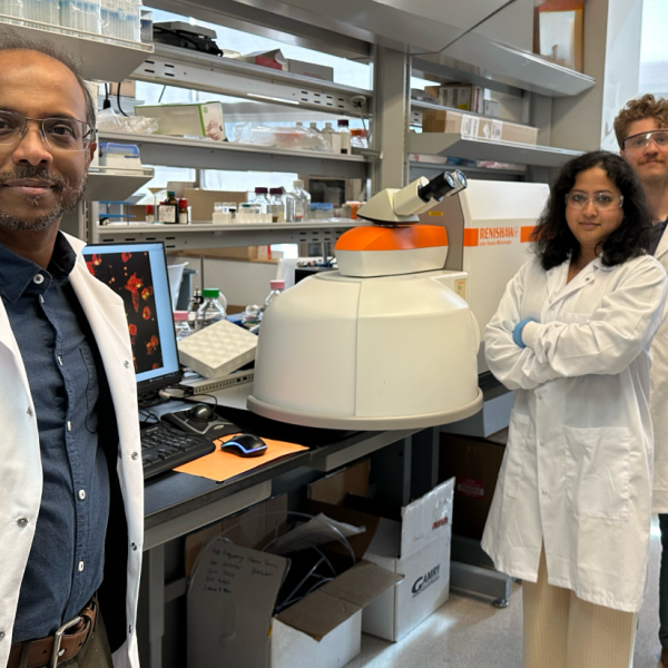 Dipanjan Pan, left, Dorothy Foehr Huck & J. Lloyd Huck Chair Professor in Nanomedicine and professor of materials science and engineering and of nuclear engineering, with Teresa Aditya, postdoctoral researcher in nuclear engineering, and David Skrodzki, graduate research assistant in materials science and engineering, in Pan's lab. All three were authors of the study. Credit: Dipanjan Pan. All Rights Reserved.