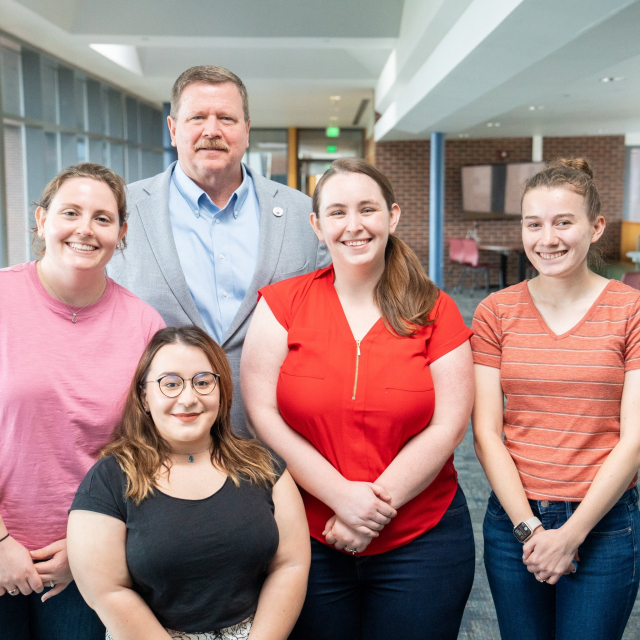 A photo of (L-R) Jessica Walnut, Alenka Hafer (front), Troy Ott (rear), Corrine Smolen, and Avery Sicher