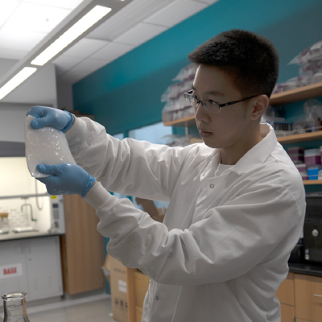 Hetian Hu, Agricultural and Biological Engineering, holds bacterial cellulose.