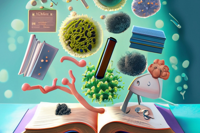 Adobe AI-generated image with the prompt “abstract image integrating education and textbooks with microbiome sciences”