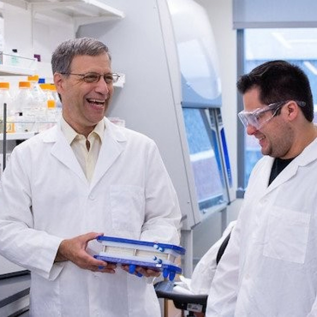 Andrew Zydney (left) in a lab in the Chemical and Biomedical Engineering Building with chemical engineering graduate students Neil Taylor and Kaitlyn Brickey. IMAGE: TYLER HENDERSON